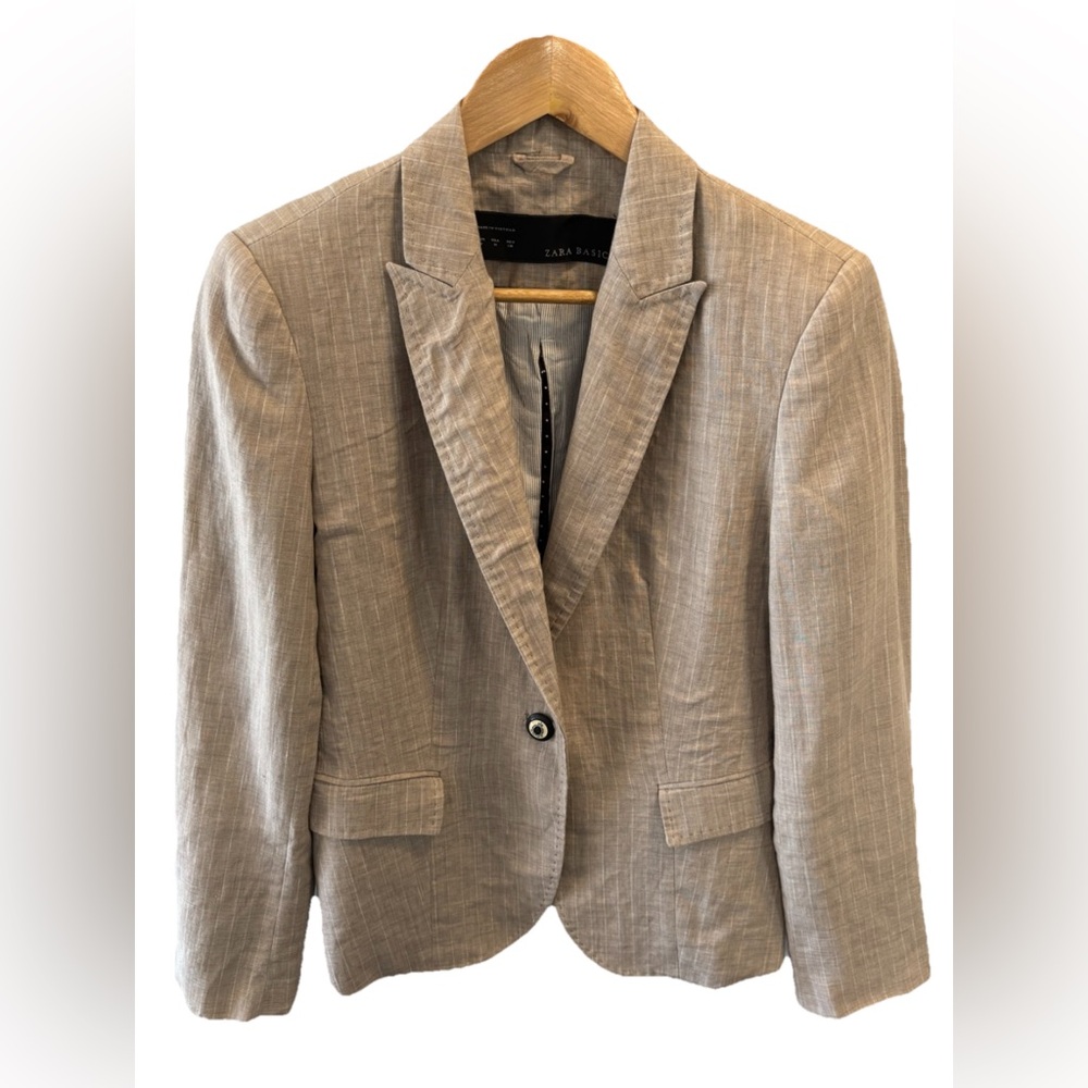 Zara Basic 100% Linen Beige Striped Lapel Collar Single Breasted Blazer Size M